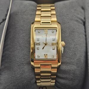 BULOVA CLASSIC GOLD TONE STAINLESS STEEL DIAMOND RECTANGLE WOMEN'S WATCH 97P181